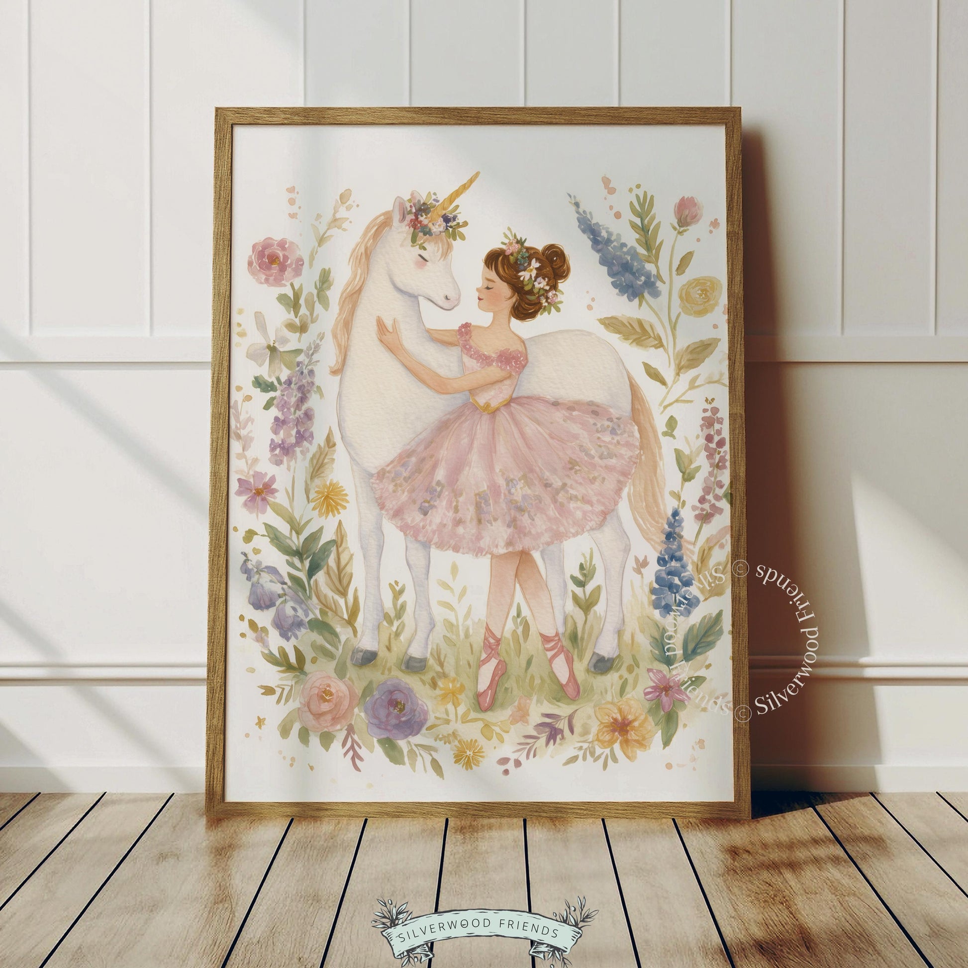 Whimsical ballerina and unicorn wall decor for playroom — enchanting watercolor illustration adorned with gentle pastel hues.