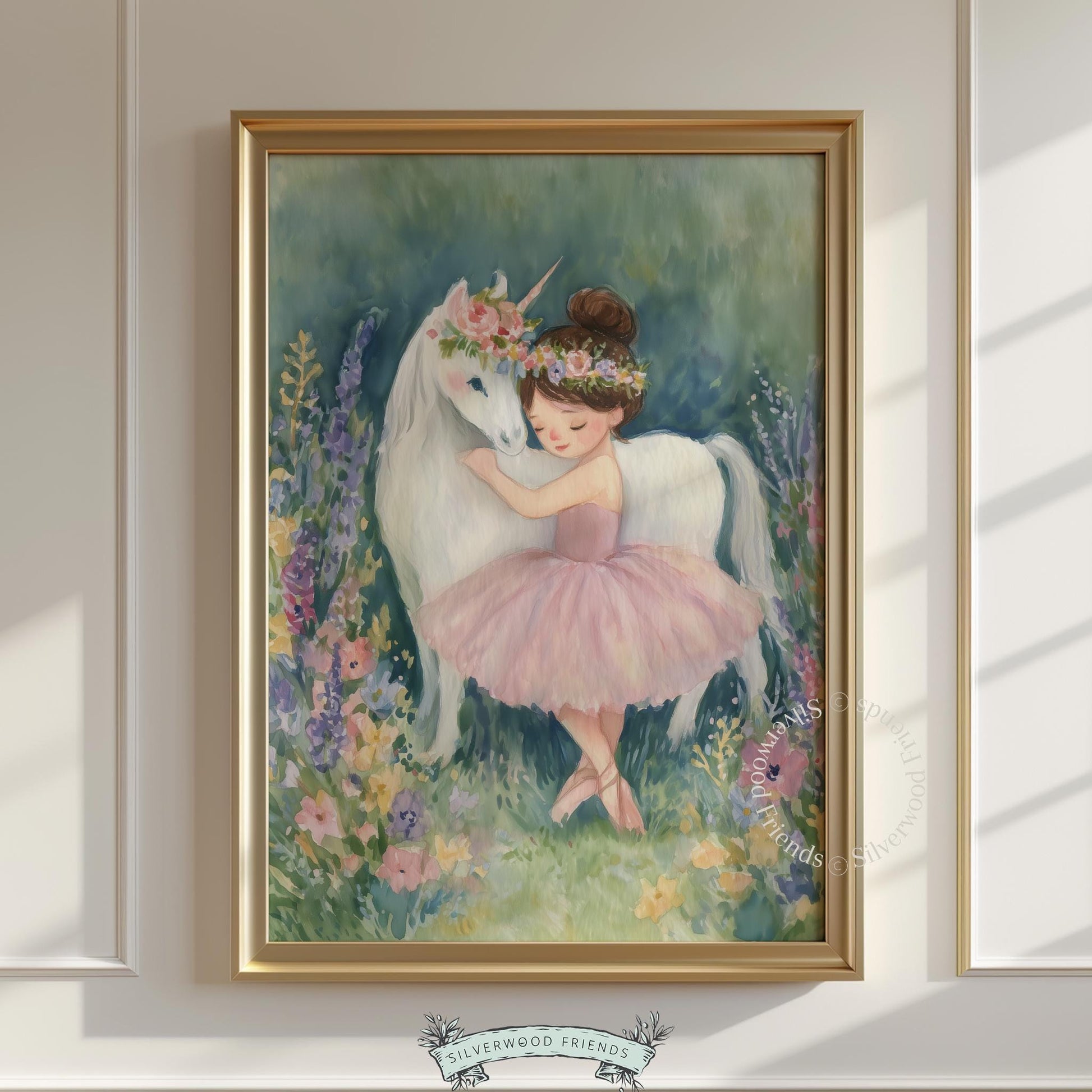 Young dancer and white unicorn poster for nursery decor — soft and sweet watercolor illustration to enhance any child's space.