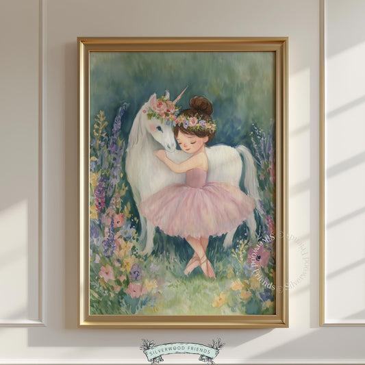 Young dancer and white unicorn poster for nursery decor — soft and sweet watercolor illustration to enhance any child's space.