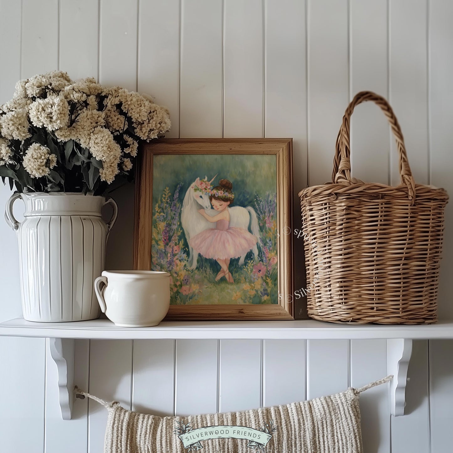 Young ballerina hugging a unicorn wall art for nursery — dreamy, storybook-inspired piece in gentle hues ideal for decor.