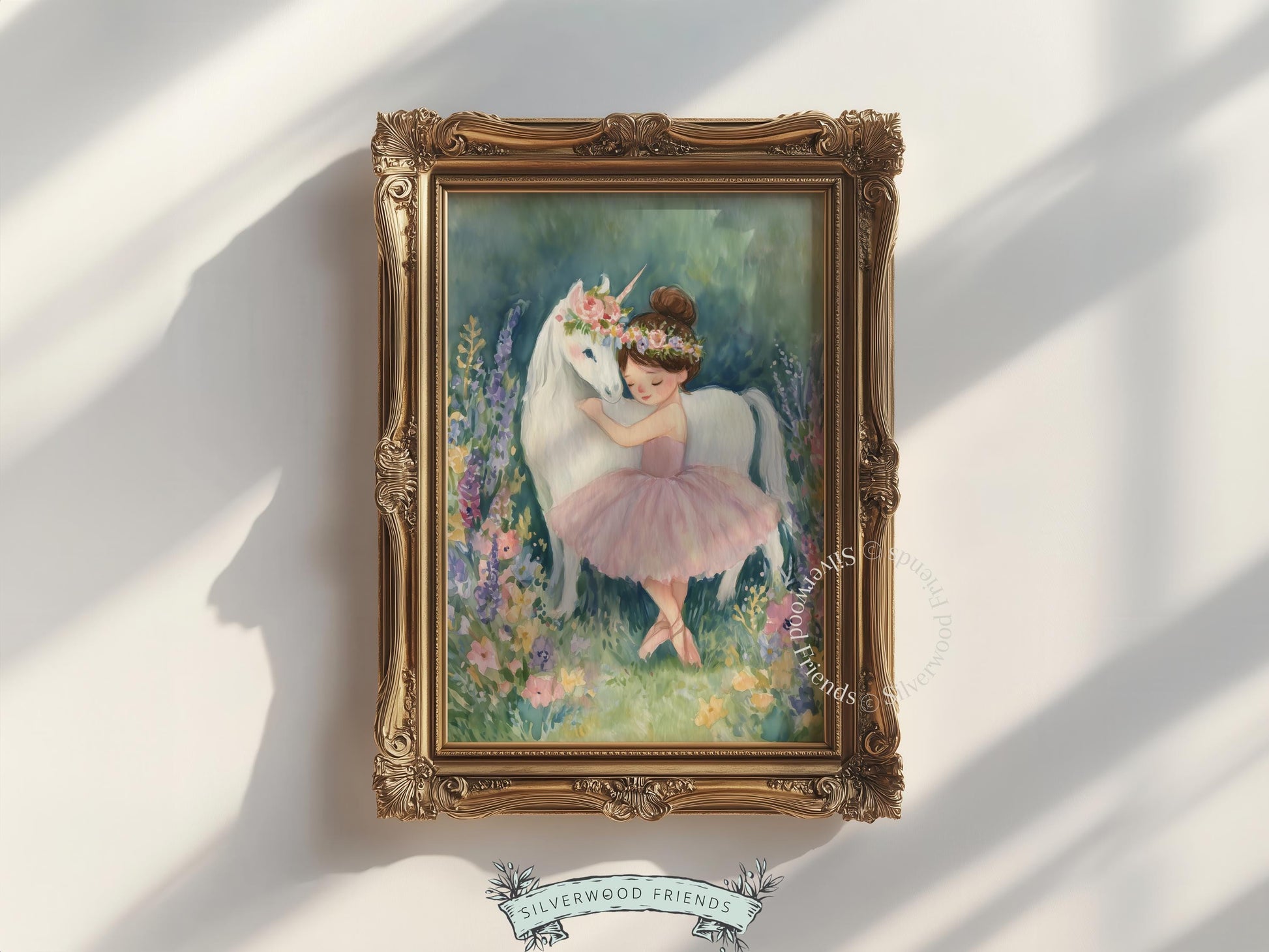Sweet ballerina on pointe with unicorn wall art for nursery — charmingly crafted watercolor piece perfect for a cute decor theme.