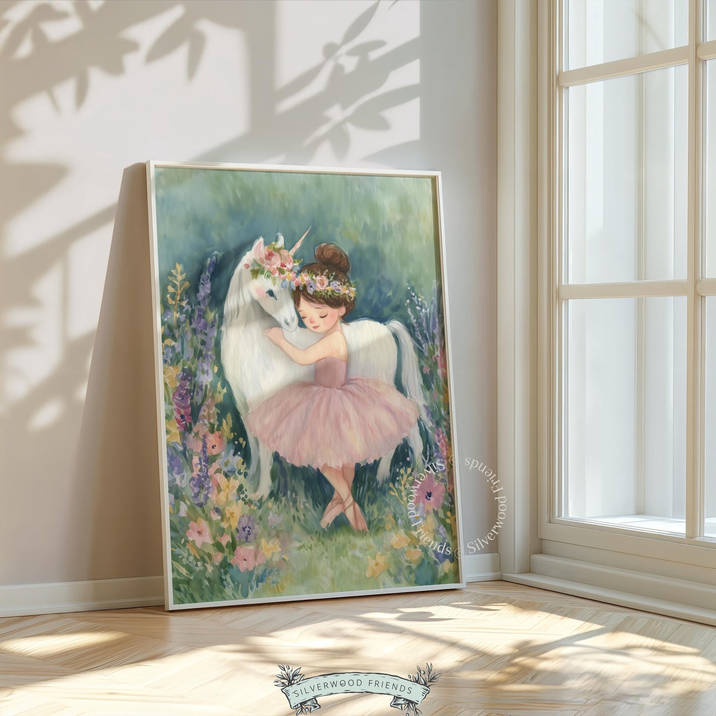 Sweet unicorn and girl dancing printable art for girl’s bedroom — delicate watercolor design with a pastel color palette.
