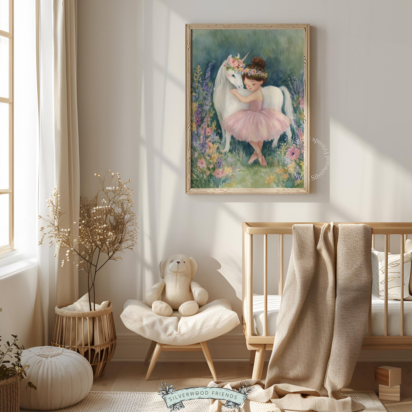 Ballerina on pointe with unicorn poster for toddler room — enchanting artwork featuring floral accents and a sweet ambiance.