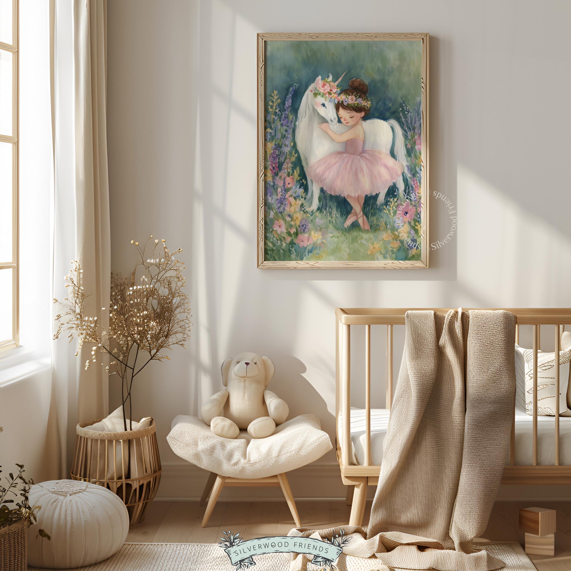 Ballerina on pointe with unicorn poster for toddler room — enchanting artwork featuring floral accents and a sweet ambiance.