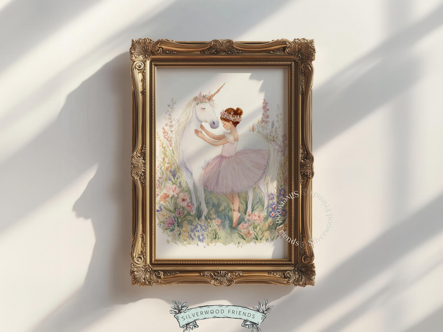 Fairy-tale unicorn picture for girls' room — romantic pastel artwork depicting a sweet moment with soft blush tones and flowers.