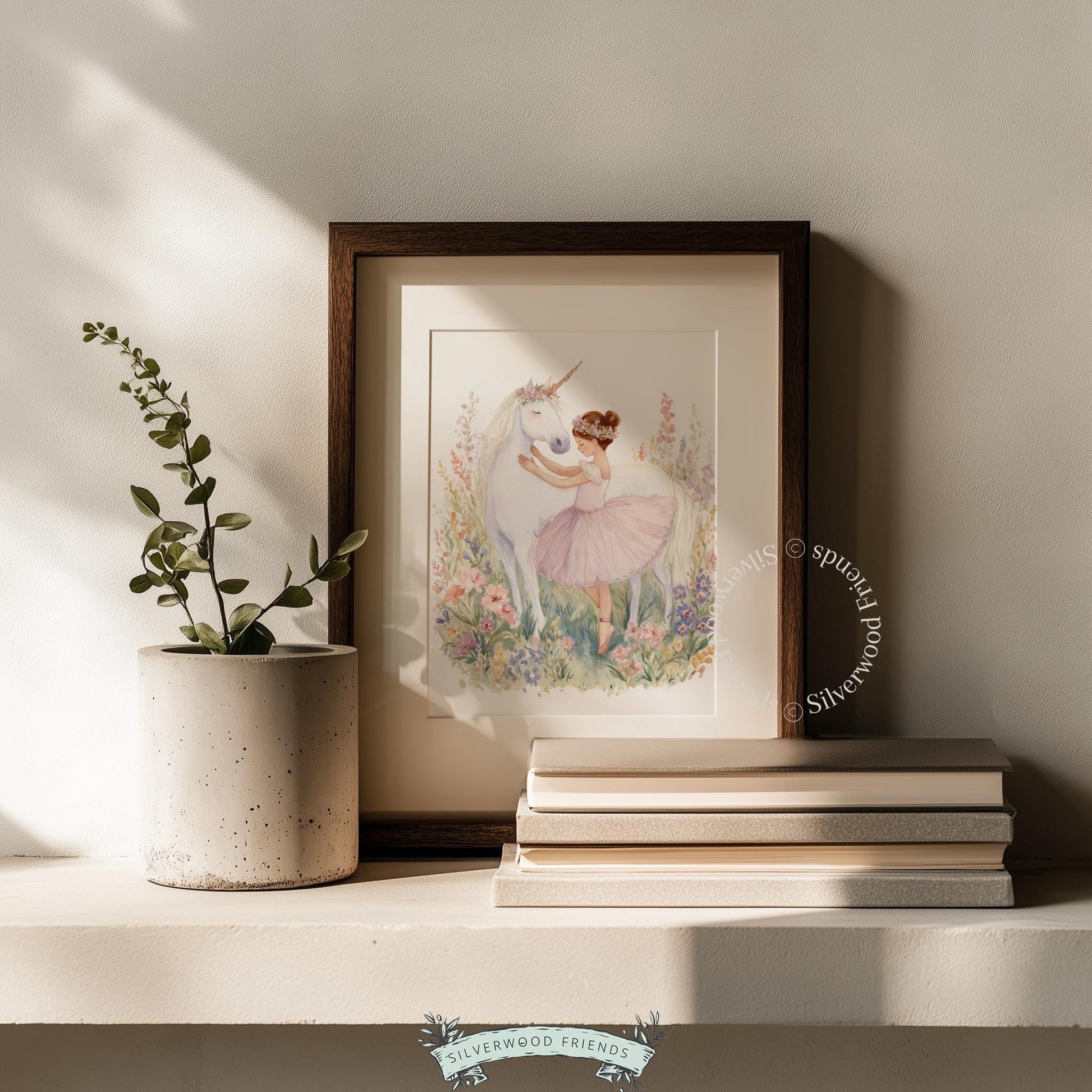 Dreamy ballerina and unicorn poster for toddler bedroom — whimsical watercolor illustration with a charming floral crown and soft blush accents.