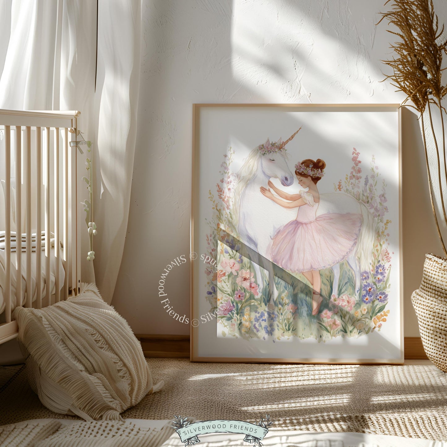 Gentle white unicorn and ballerina girl wall art for nursery — soft watercolor illustration with pastel wildflowers for a magical touch.
