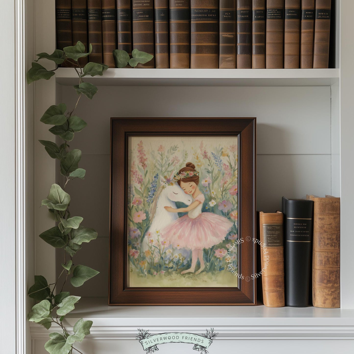 Ballerina and unicorn digital print for toddler room — whimsical art with soft colors and storybook charm ideal for decor.