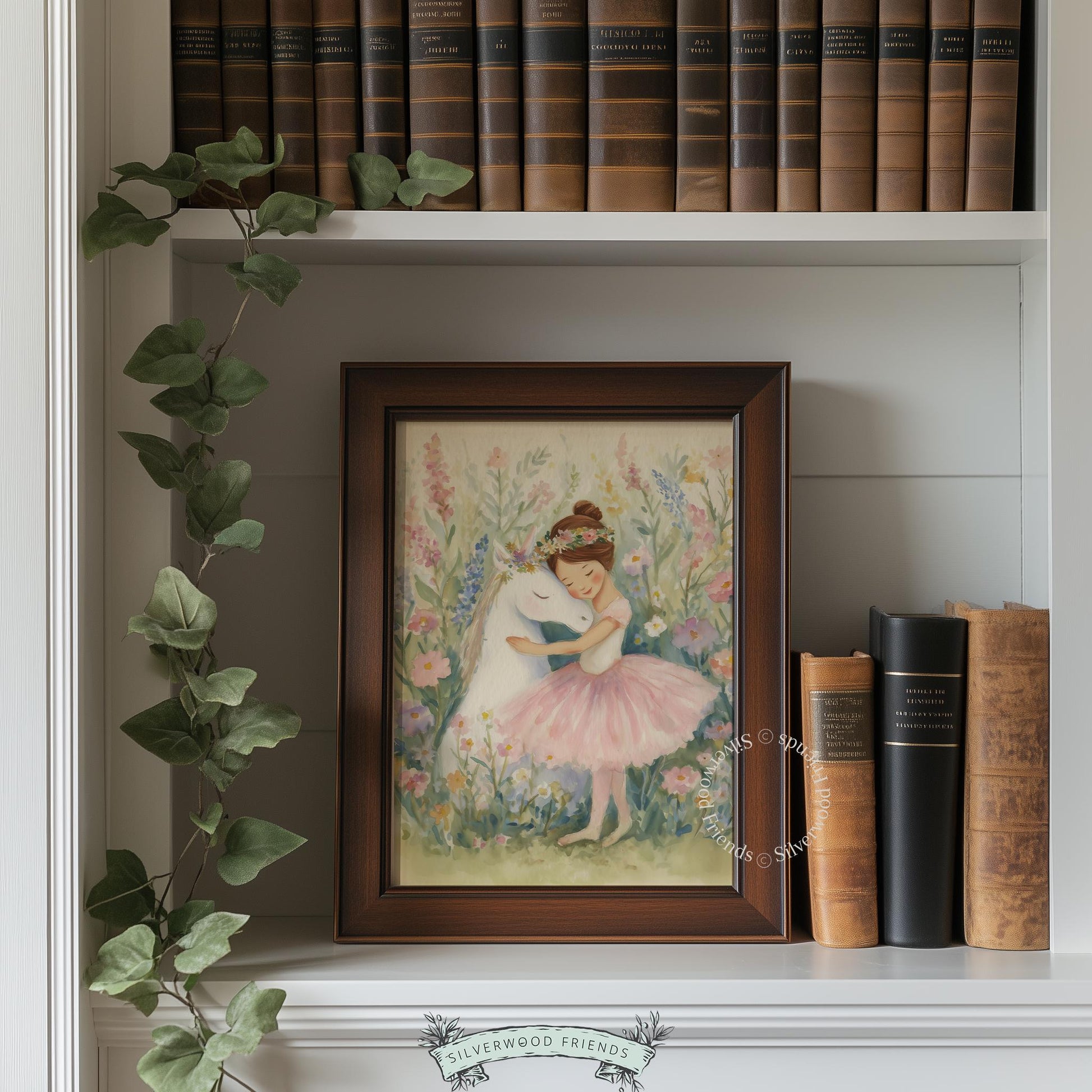 Ballerina and unicorn digital print for toddler room — whimsical art with soft colors and storybook charm ideal for decor.