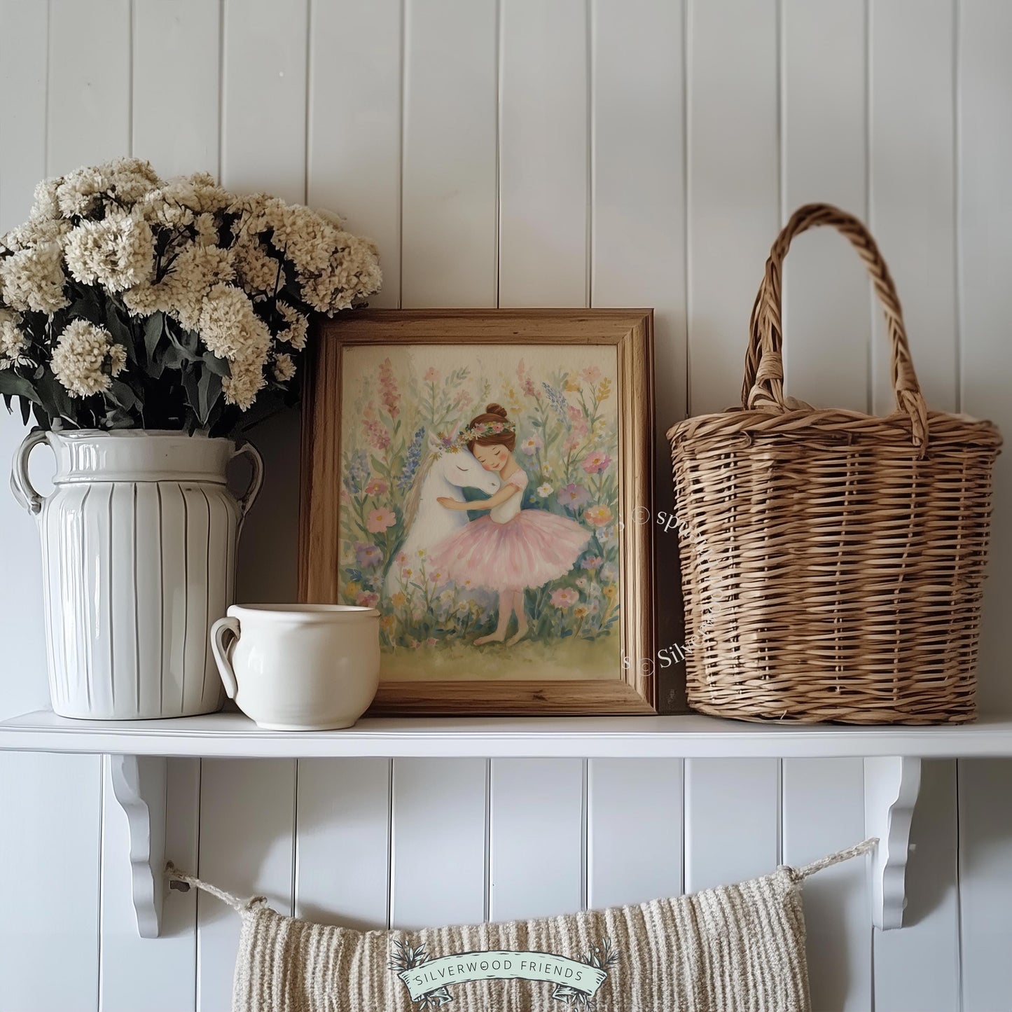 Magical ballerina and unicorn wall art for bedroom — adorable watercolor piece with gentle colors and a cozy atmosphere.
