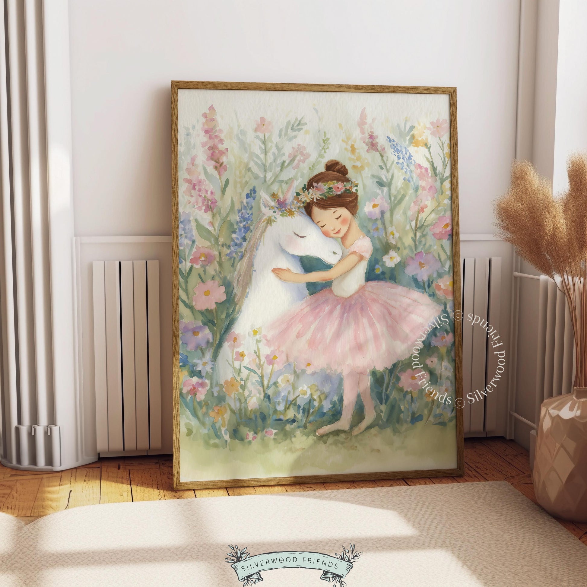 Ballerina girl embracing unicorn digital download for kids' space — cute and cozy artwork with pastel wildflowers and soft colors.