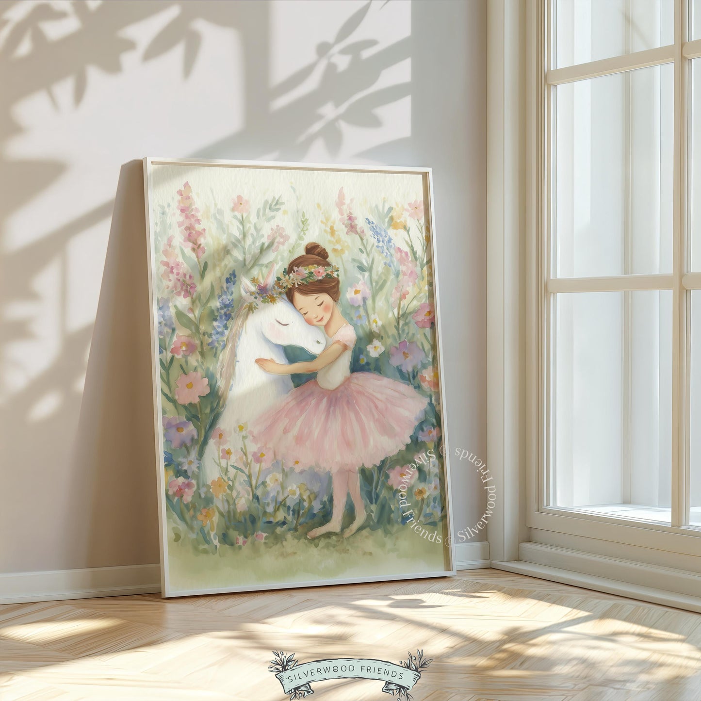 Tender unicorn and ballerina girl picture for playroom — inviting pastel illustration combining softness and a whimsical feel.