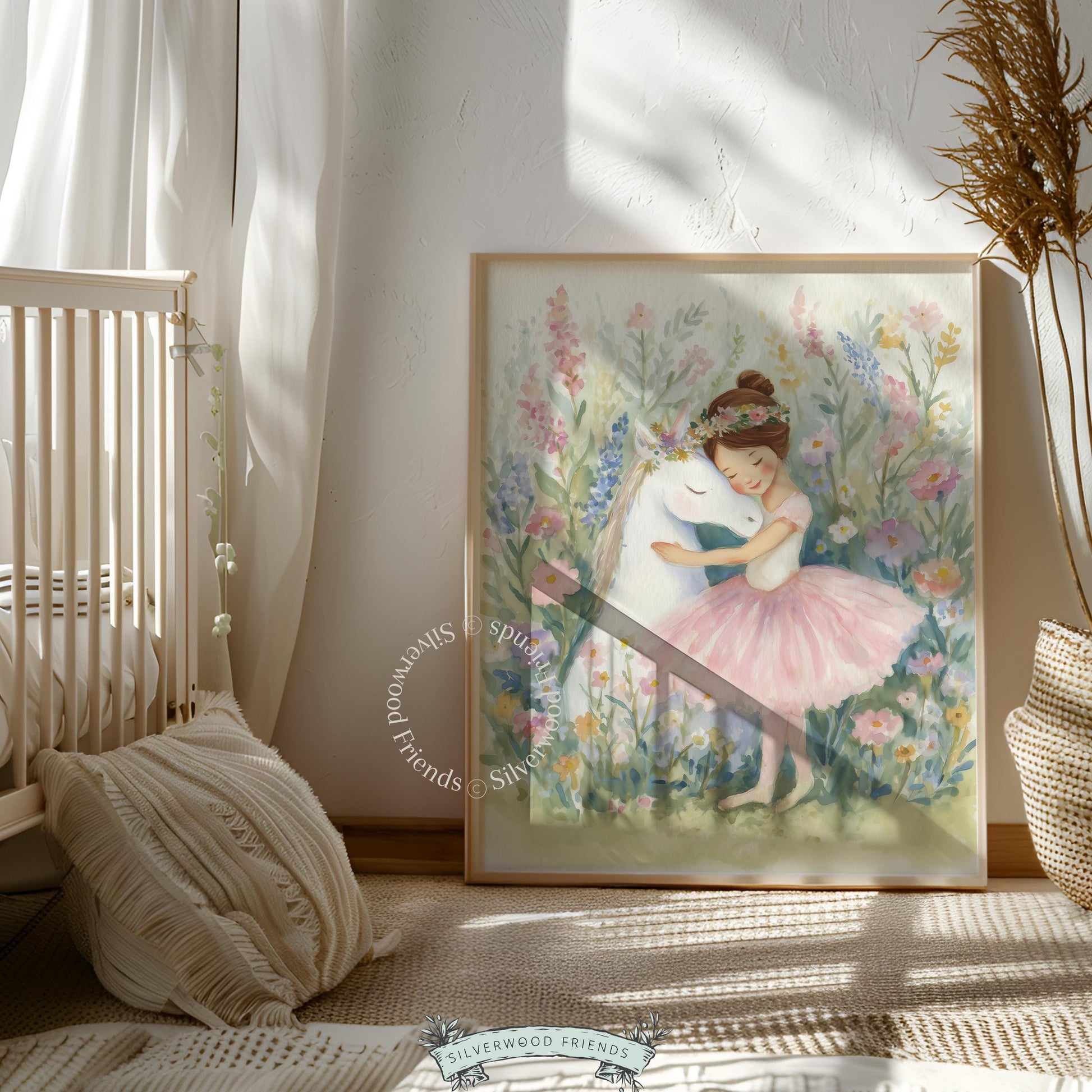 Ballerina and unicorn wall art for nursery — magical watercolor illustration featuring gentle pastel tones and a heartwarming vibe.