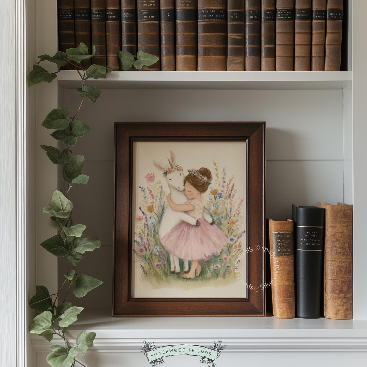 Whimsical unicorn picture for nursery wall — dreamy watercolor illustration with a sweet girl, creating a lovely fairytale touch.