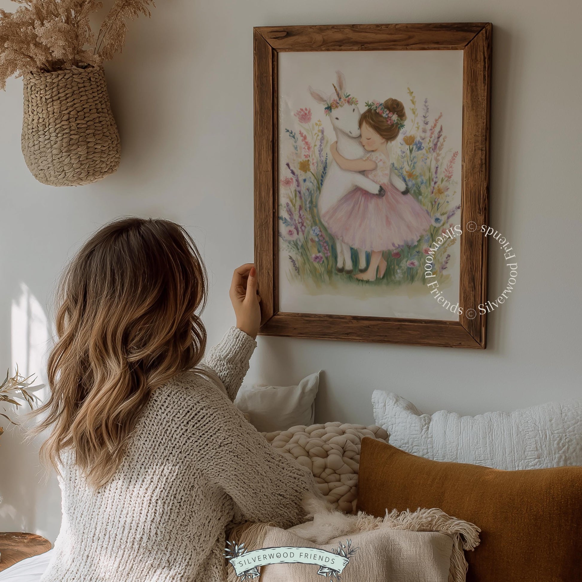 Unicorn and ballet girl digital print for playroom — charming watercolor illustration in warm pastels with a dreamy cottagecore vibe.
