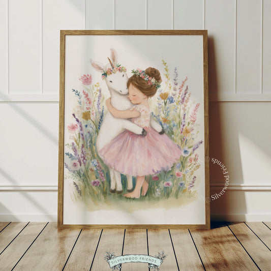 Adorable girl and unicorn printable art for girl's room — soft pinks and greens with floral accents for a charming whimsical feel.
