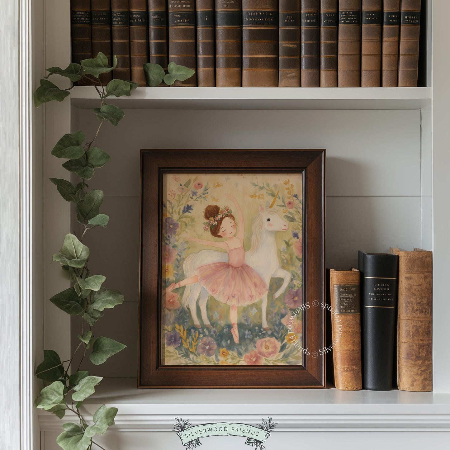 Charming ballerina picture printable for girl’s room — adorned with flowers, soft tones create a playful yet gentle atmosphere.