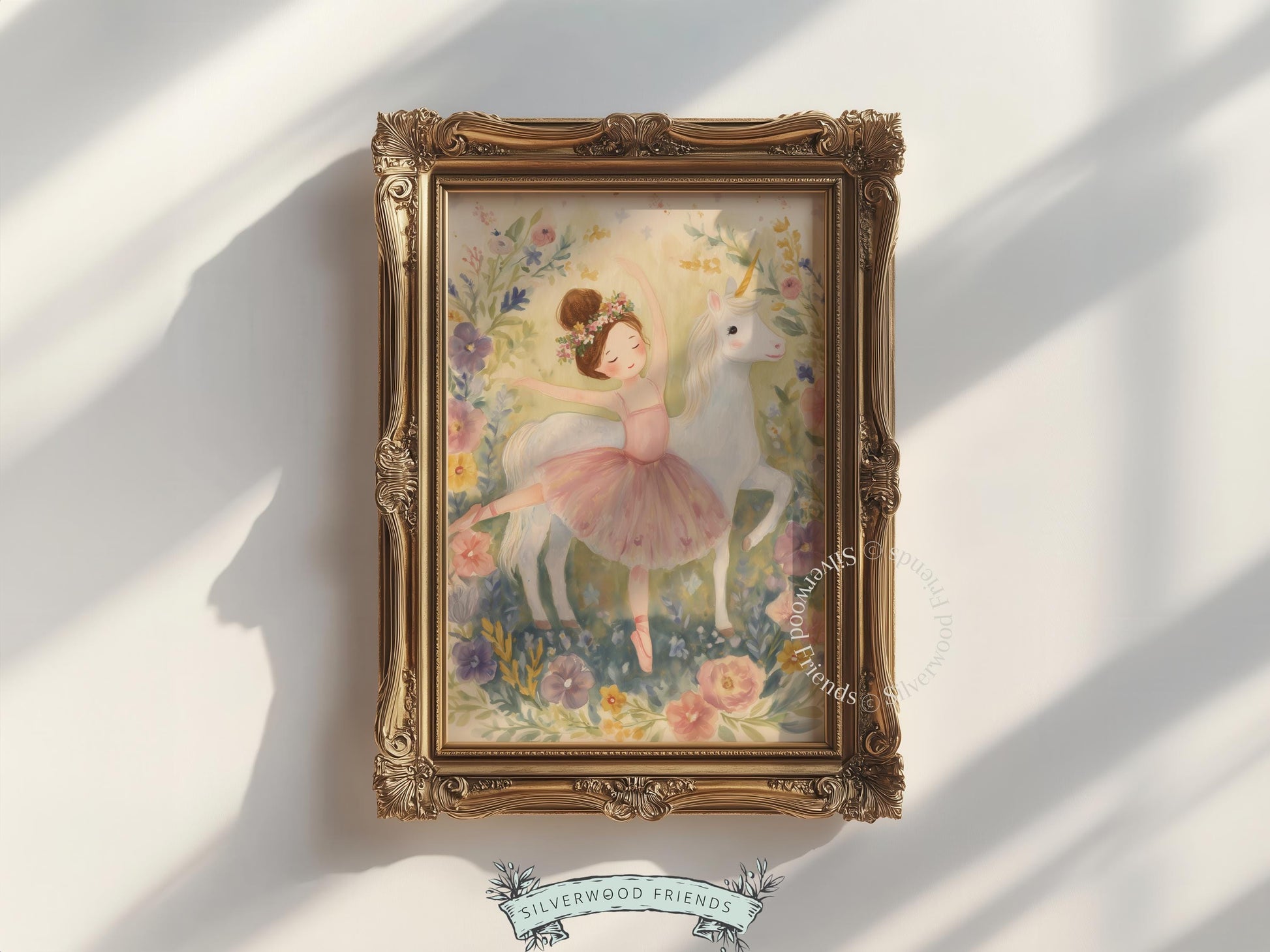 Enchanting unicorn and ballerina printable art for kids' playroom — soft, painterly textures providing a magical and serene ambiance.