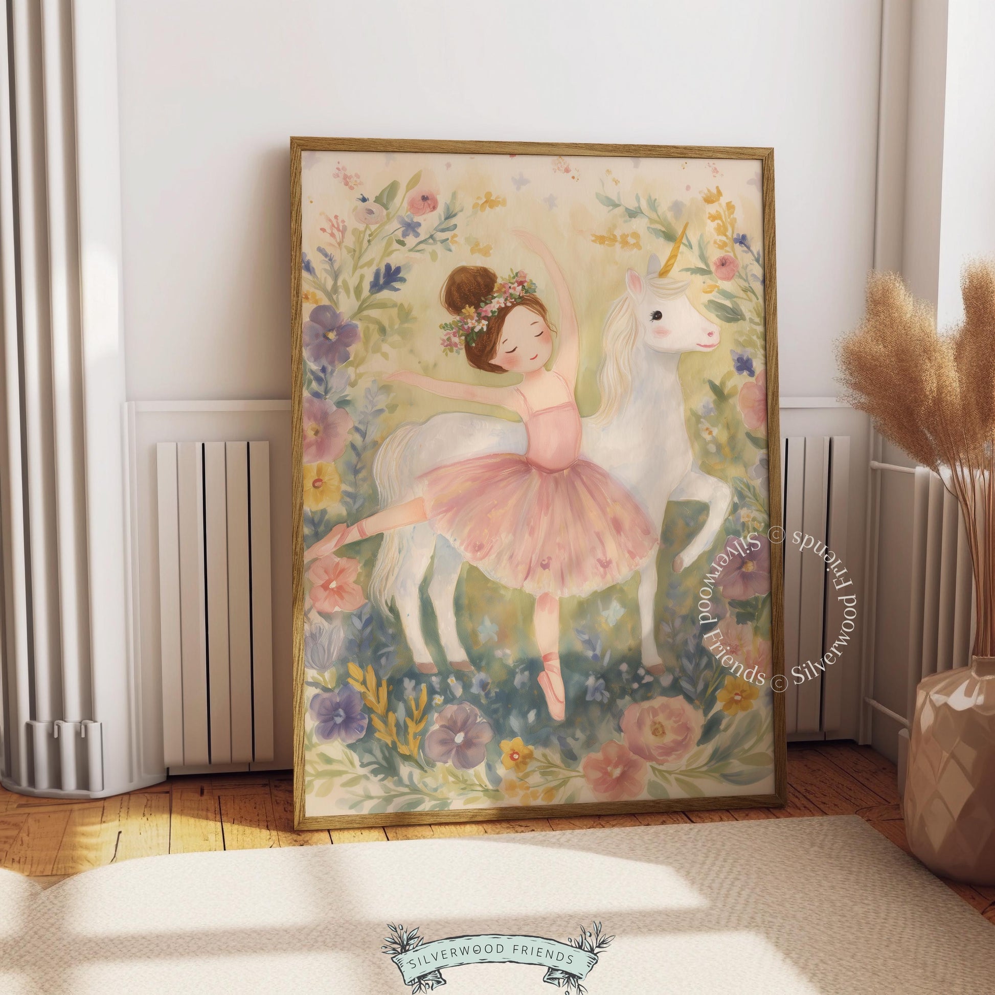 Sweet ballerina and unicorn artwork for nursery — enchanting watercolor style fills the space with delicate beauty and soft tones.