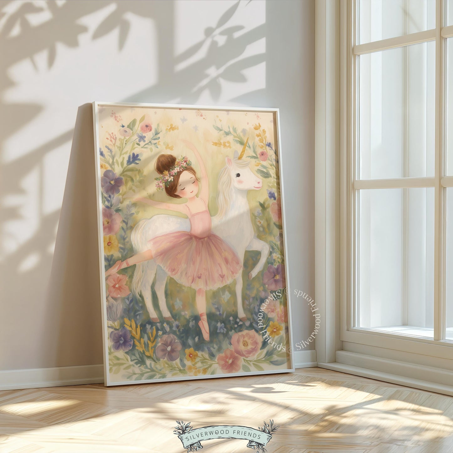 Ballerina and unicorn digital print for children's room — fairy-tale scene framed by flowers, featuring gentle hues and romantic styling.