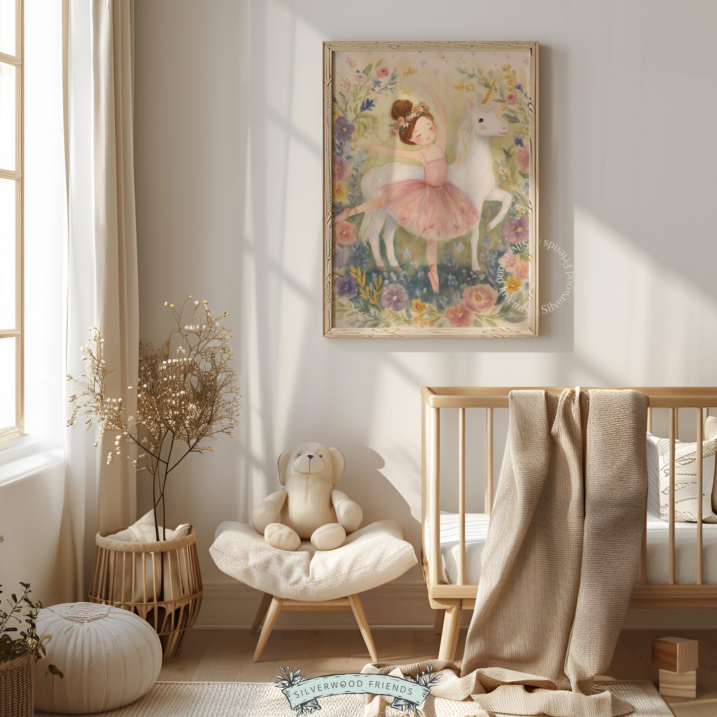 Fantasy wall art featuring a ballerina and unicorn for bedroom — delicate watercolor design capturing youthfulness and fairy-tale spirit.