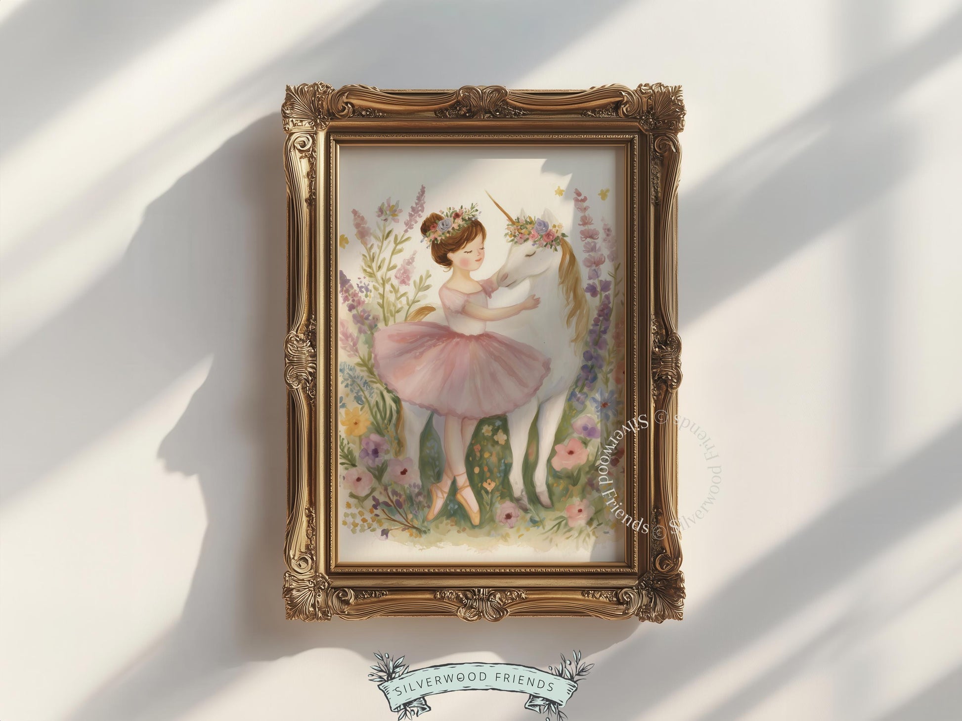 Fairy tale unicorn and ballerina art print for kids' decor — enchanting watercolor masterpiece with butterflies and blooms.