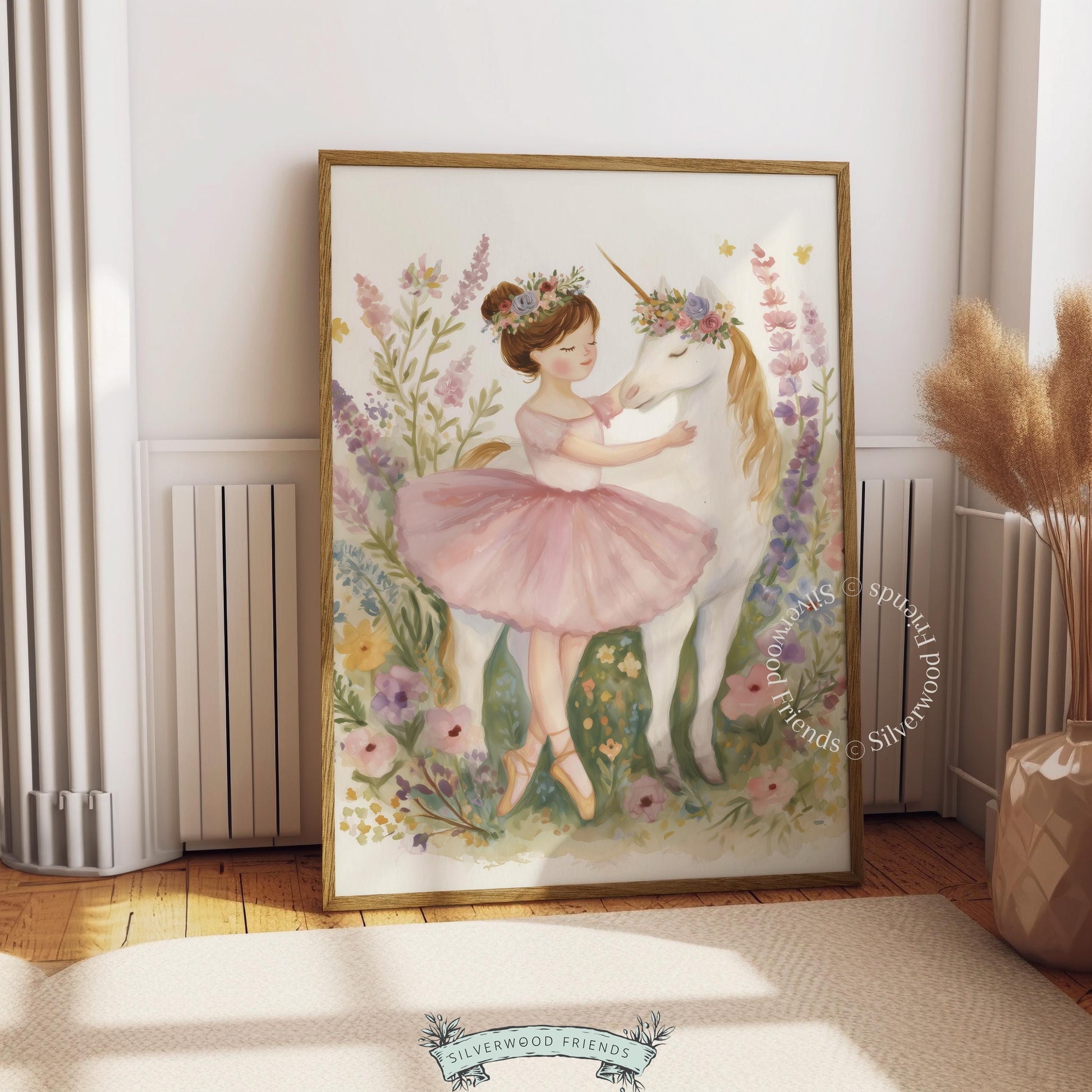 Magical unicorn picture for nursery wall — cute ballerina embraces the subject in a delicate flower meadow.