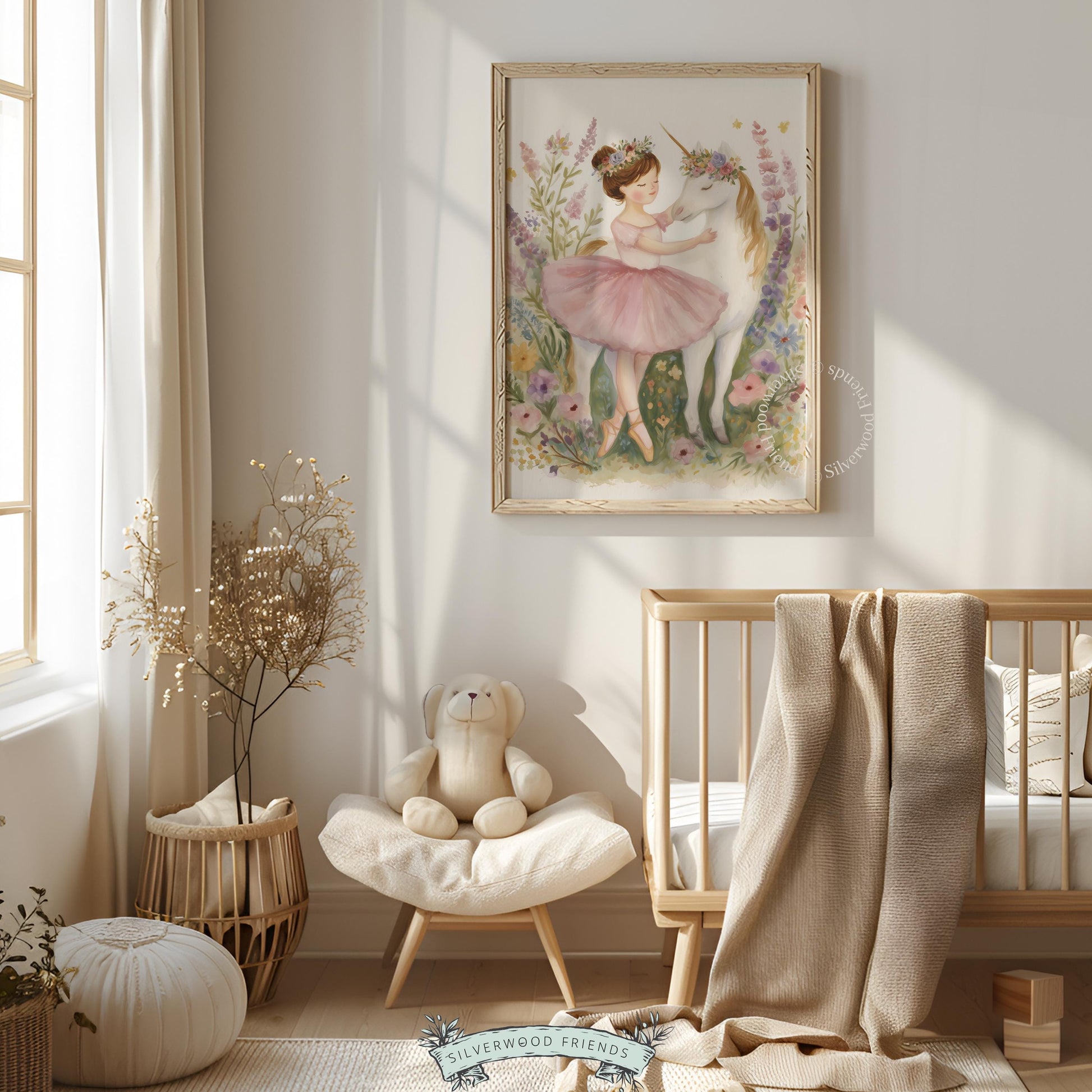 Young ballerina in pink tutu wall art for nursery — cute watercolor unicorn with floral crown and pastel magical garden setting.