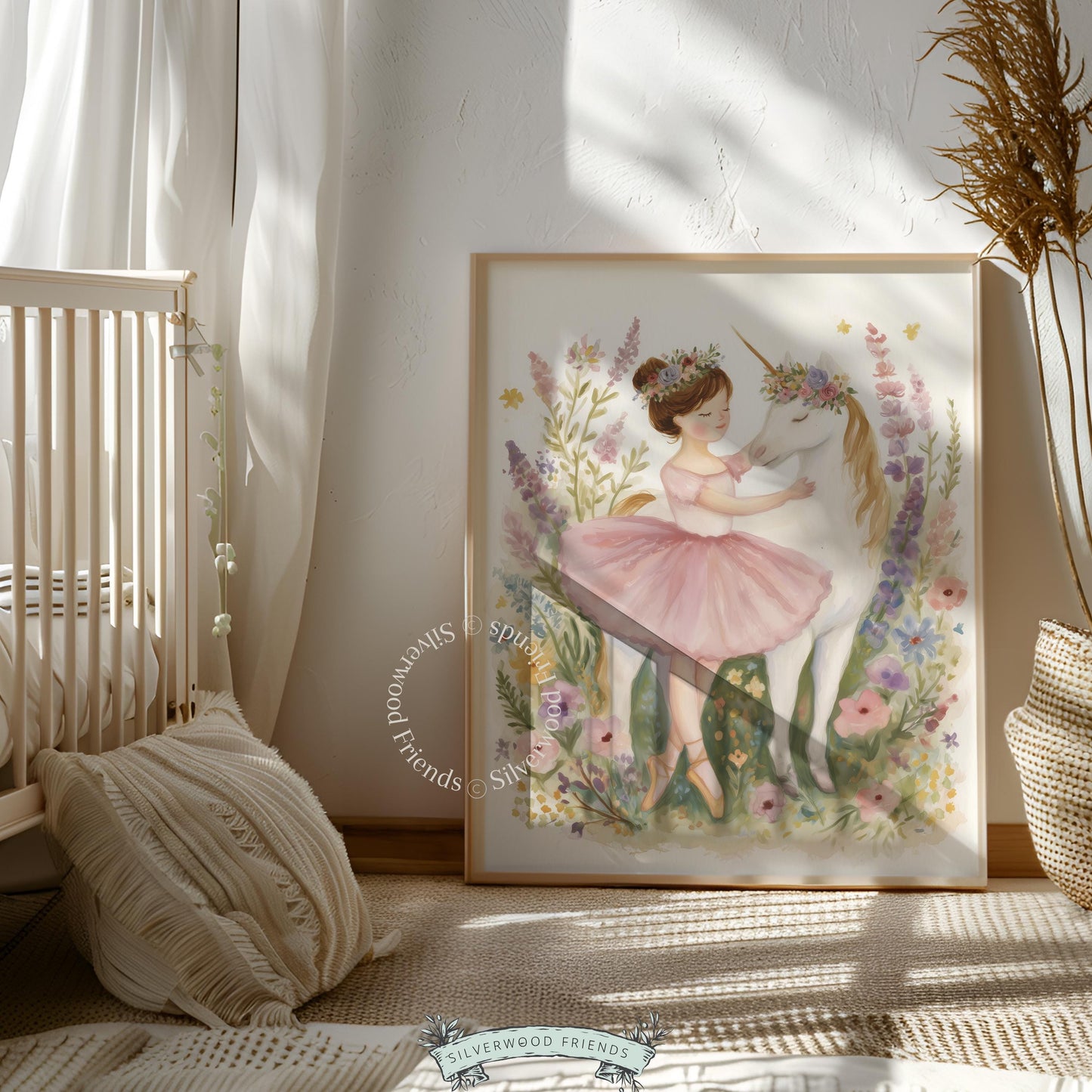Charming girl’s wall art featuring ballerina and unicorn for nursery — soft watercolor illustration creating a sweet atmosphere.