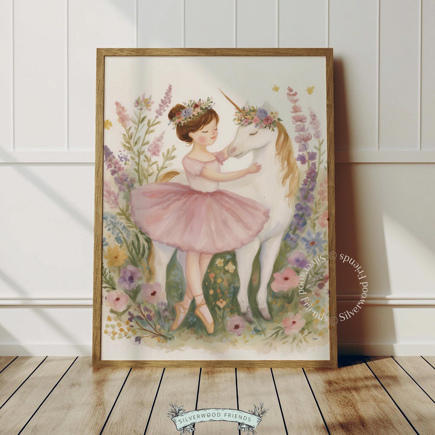 Whimsical ballet-themed poster for children's playroom — young dancer with a golden unicorn in a gentle garden of blooms.