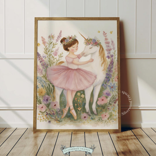 Whimsical ballet-themed poster for children's playroom — young dancer with a golden unicorn in a gentle garden of blooms.