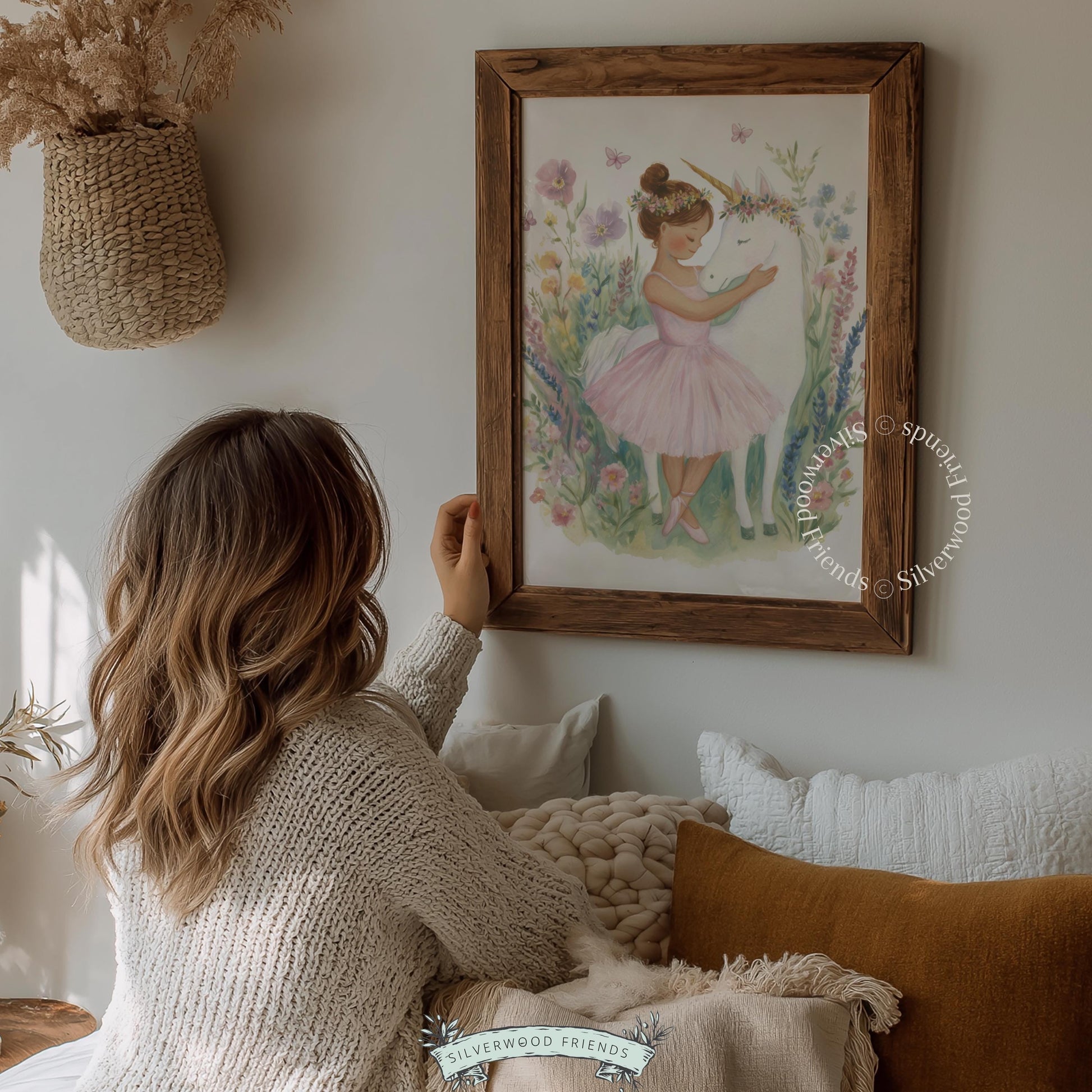 Young girl and white unicorn picture for nursery — fairy-tale theme in soft colors with floral frame and whimsical butterflies.