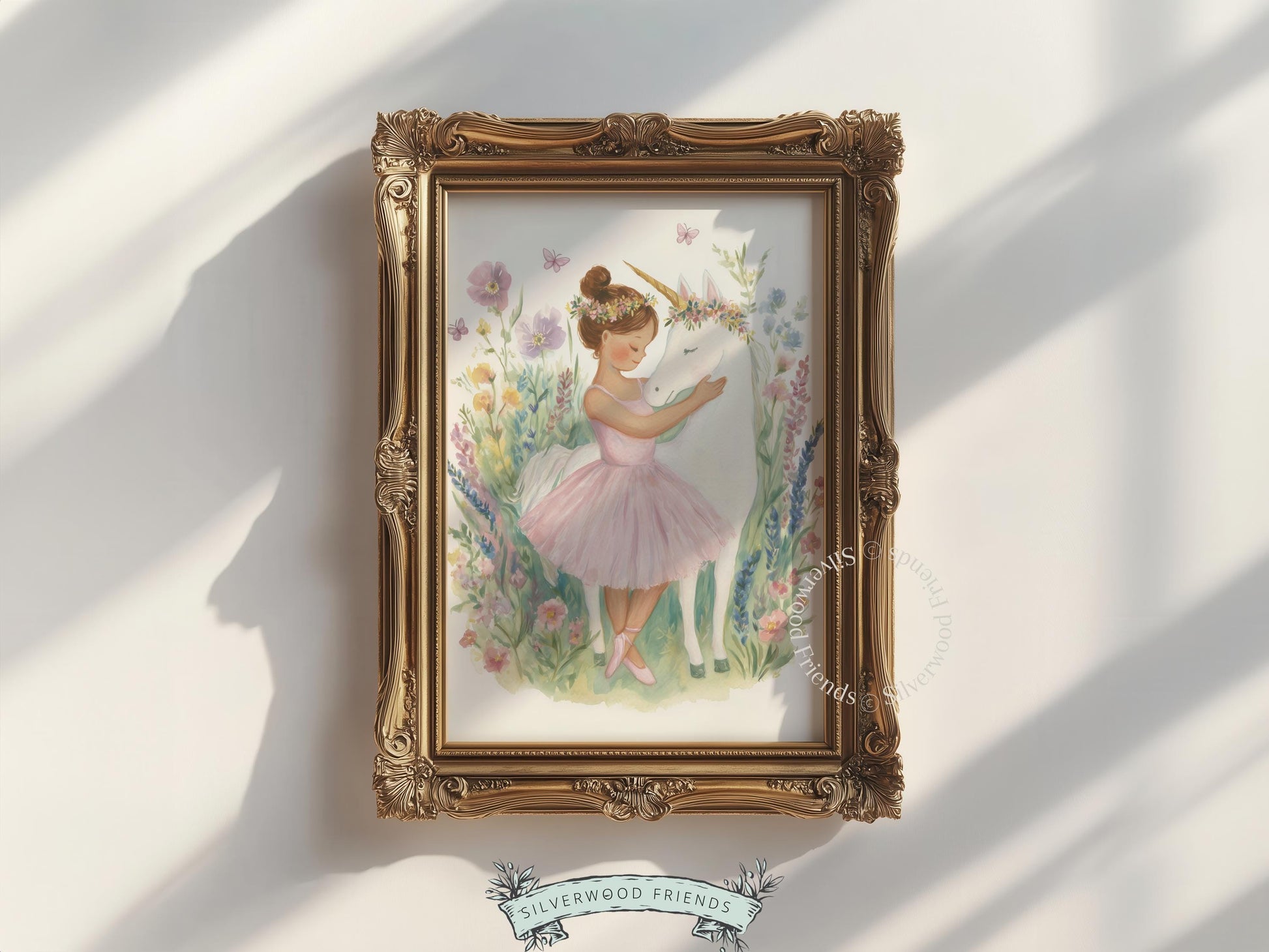 Magical unicorn picture for baby’s nursery — inviting artwork featuring a ballerina in a pastel wildflower landscape.