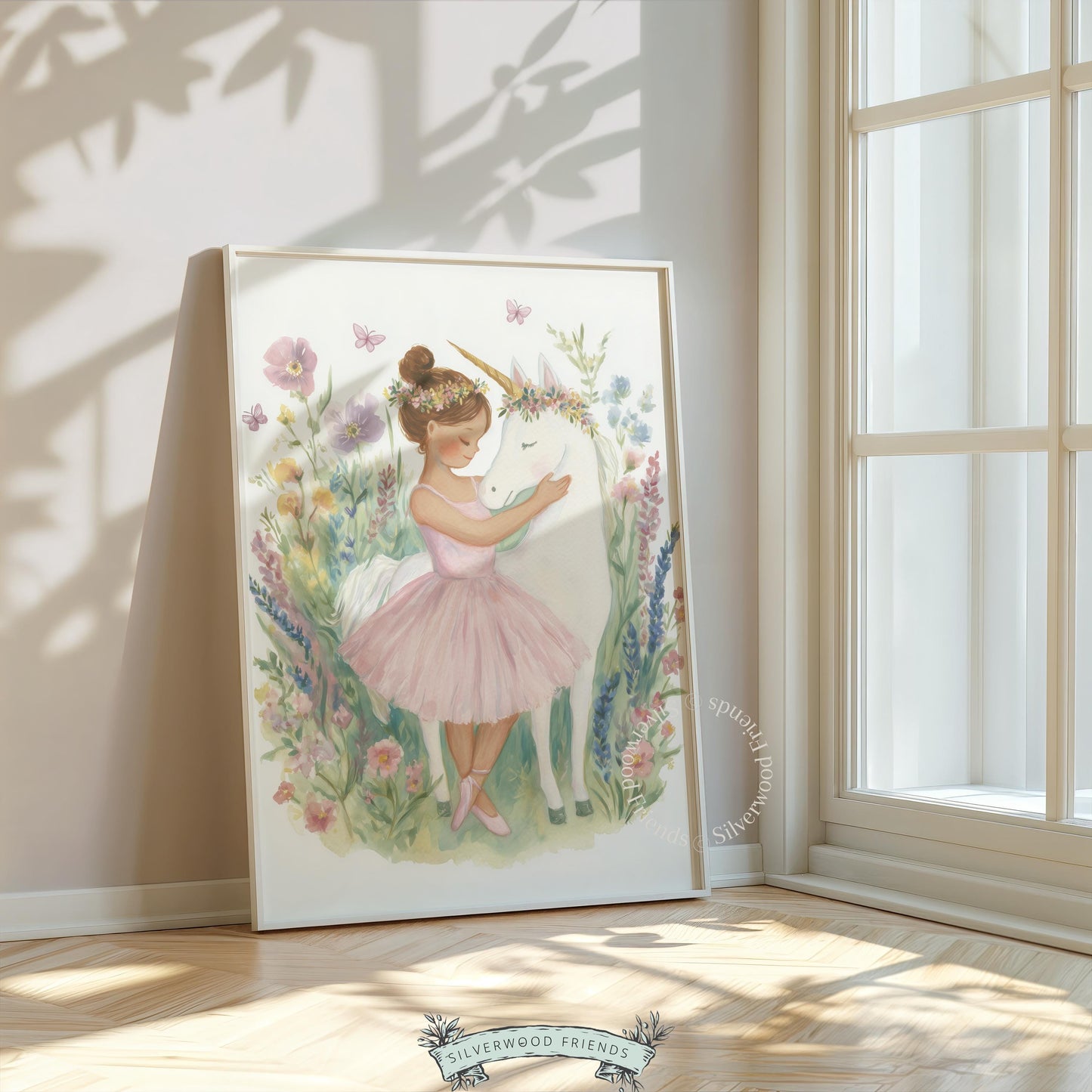 Fairy-tale ballerina and unicorn poster for girl’s nursery — sweet and whimsical illustration with soft pastel touches.
