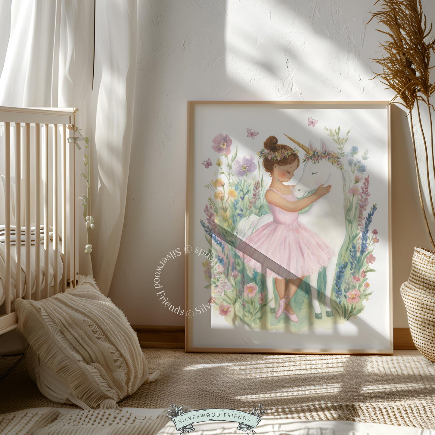 Cute ballerina and unicorn wall art for toddler's bedroom — charming illustration perfect for a whimsical, fairy-tale environment.