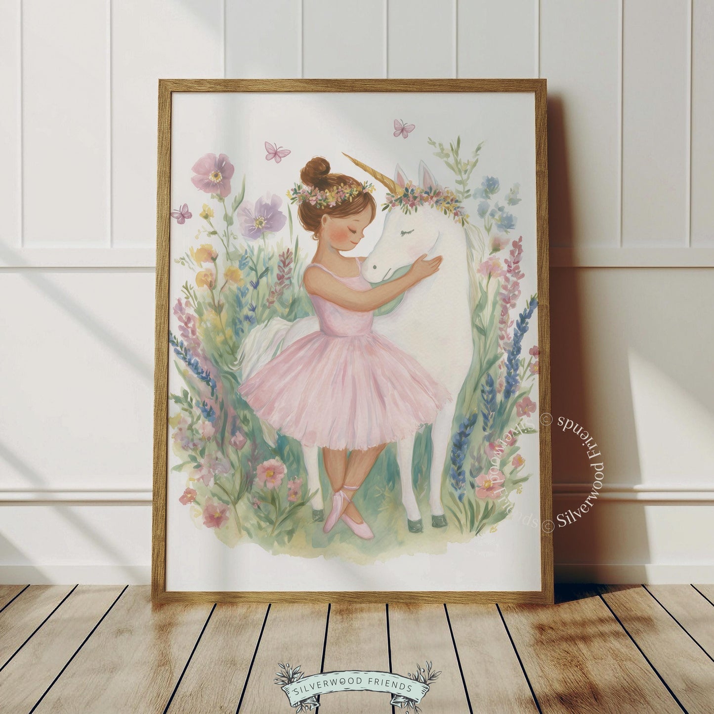 Ballerina girl hugging a unicorn poster for kids' playroom — enchanting pastel artwork with whimsical charm and floral details.