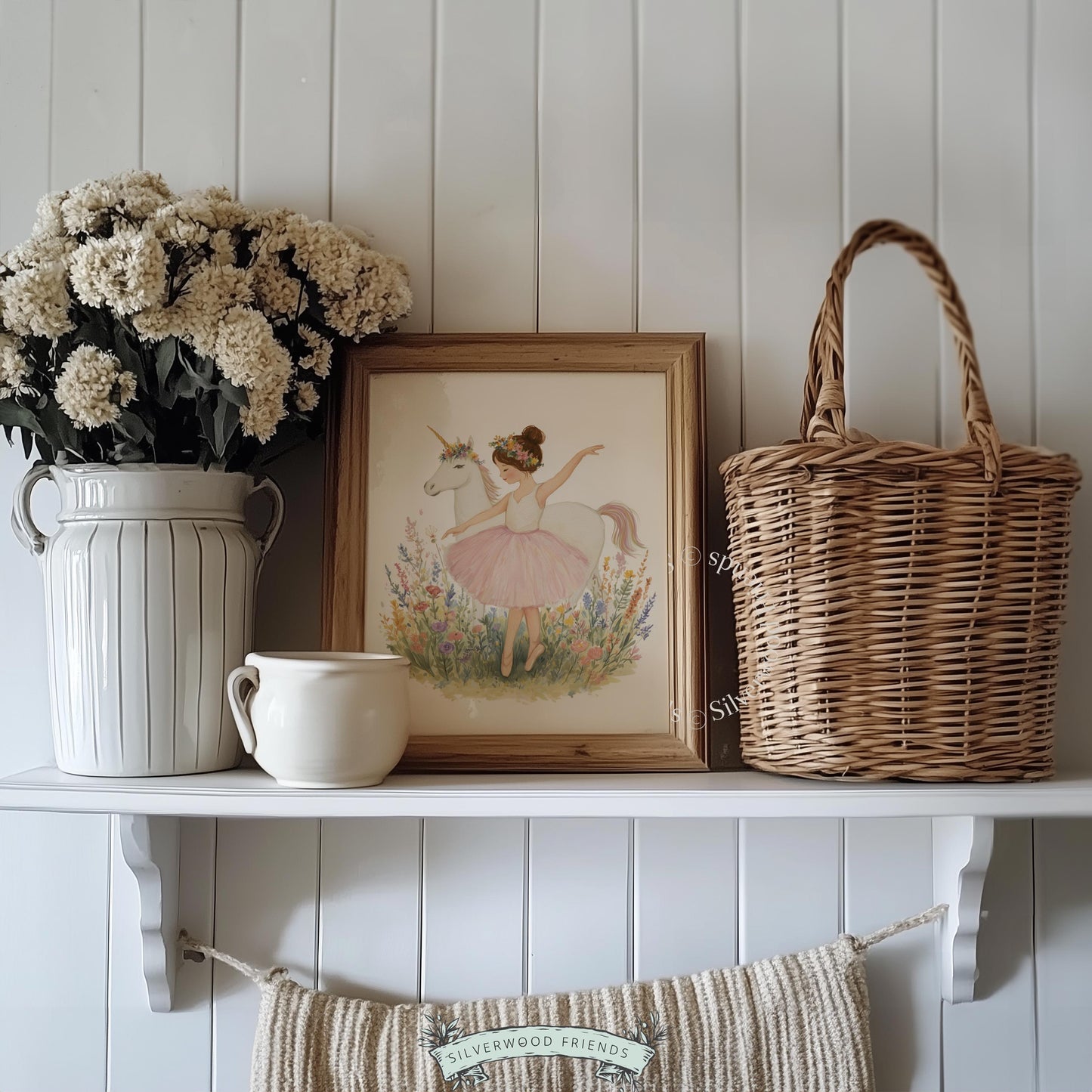 Gentle ballerina and unicorn wall art for toddler décor — enchanting watercolor artwork in pastel tones, ideal for playful spaces.