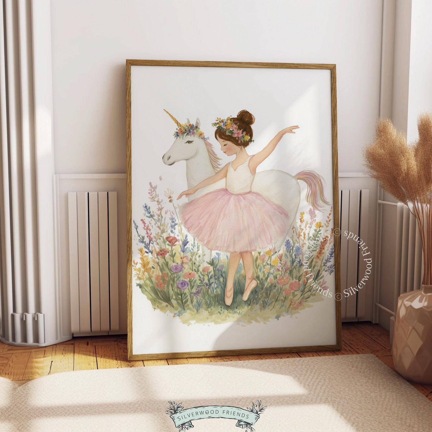 Young ballerina and mystical unicorn poster for child’s bedroom — enchanting watercolor artwork with floral crowns and gentle palette.