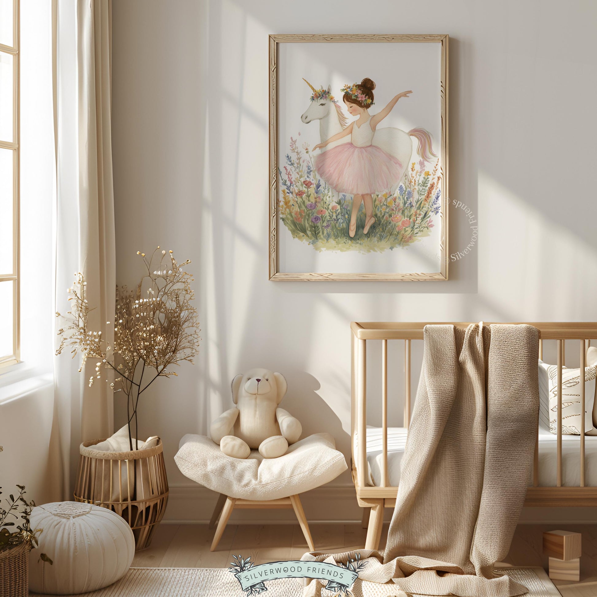 Enchanting ballerina and unicorn print for nursery wall — pastel colors and painterly details create a dreamy, magical ambiance.