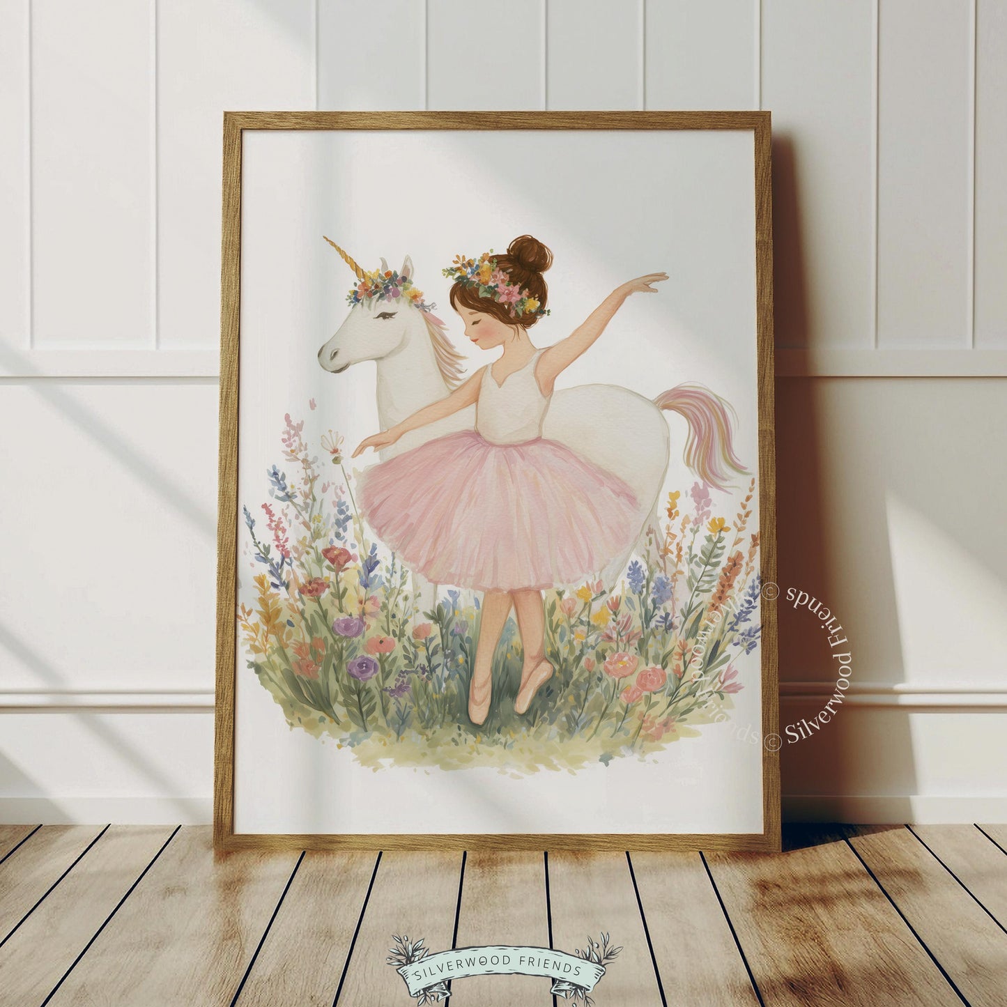Soft watercolor illustration of ballerina and unicorn artwork for nursery — vibrant wildflowers create a whimsical landscape.