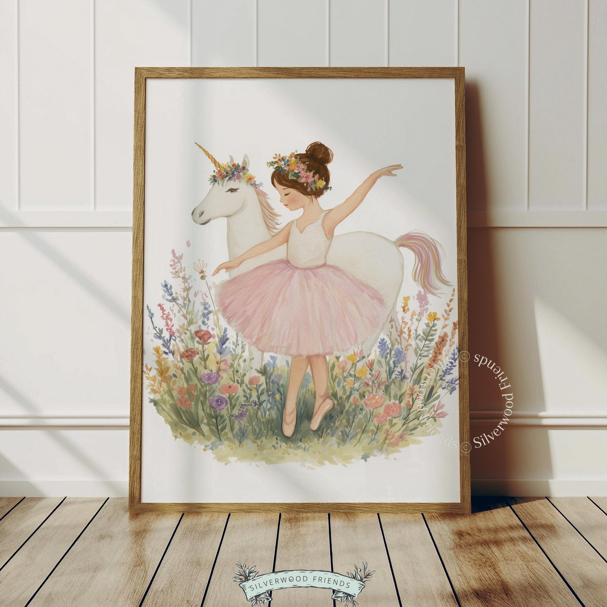 Soft watercolor illustration of ballerina and unicorn artwork for nursery — vibrant wildflowers create a whimsical landscape.