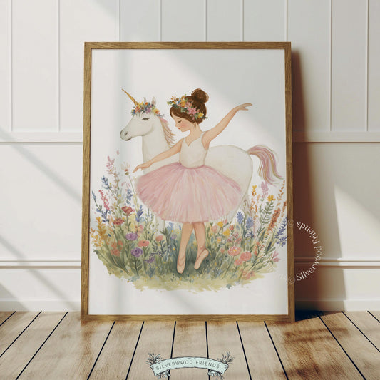 Soft watercolor illustration of ballerina and unicorn artwork for nursery — vibrant wildflowers create a whimsical landscape.