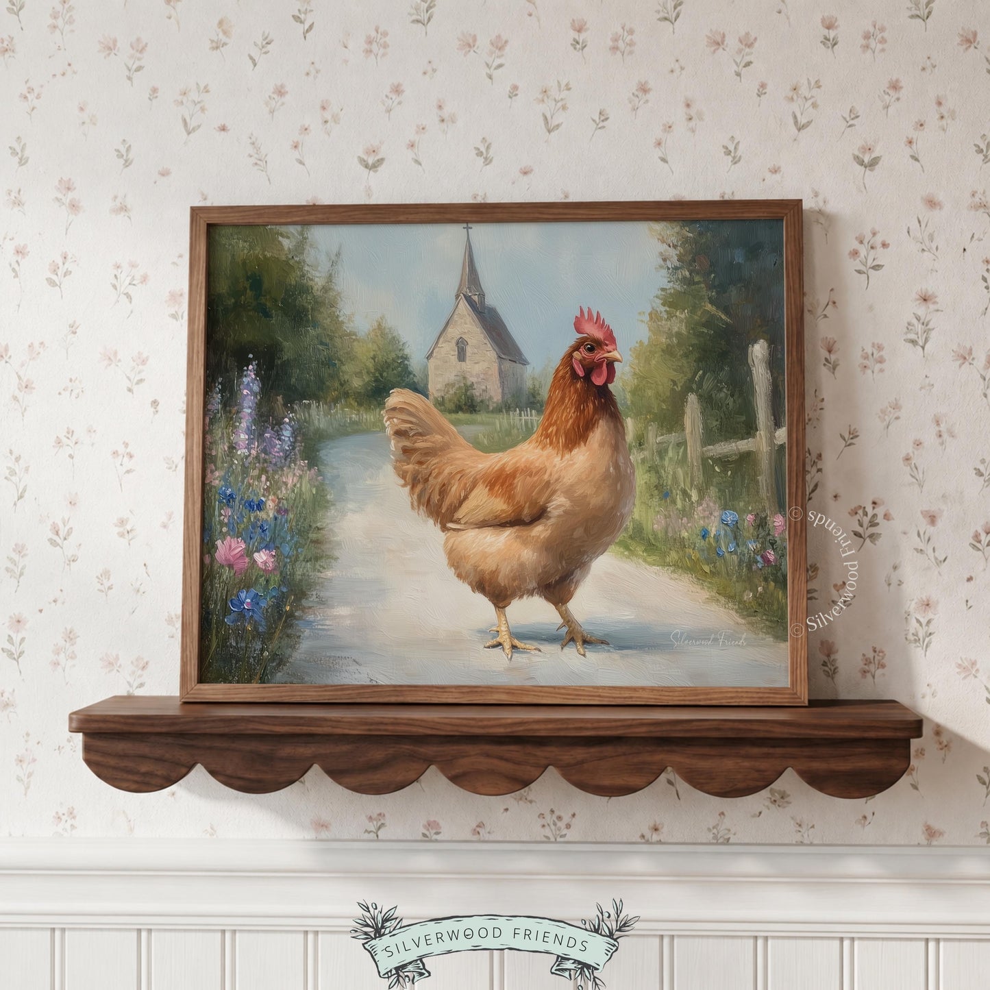 Hen artwork for rustic entryway — beautifully detailed oil painting with a quaint chapel backdrop, evoking a serene countryside vibe.