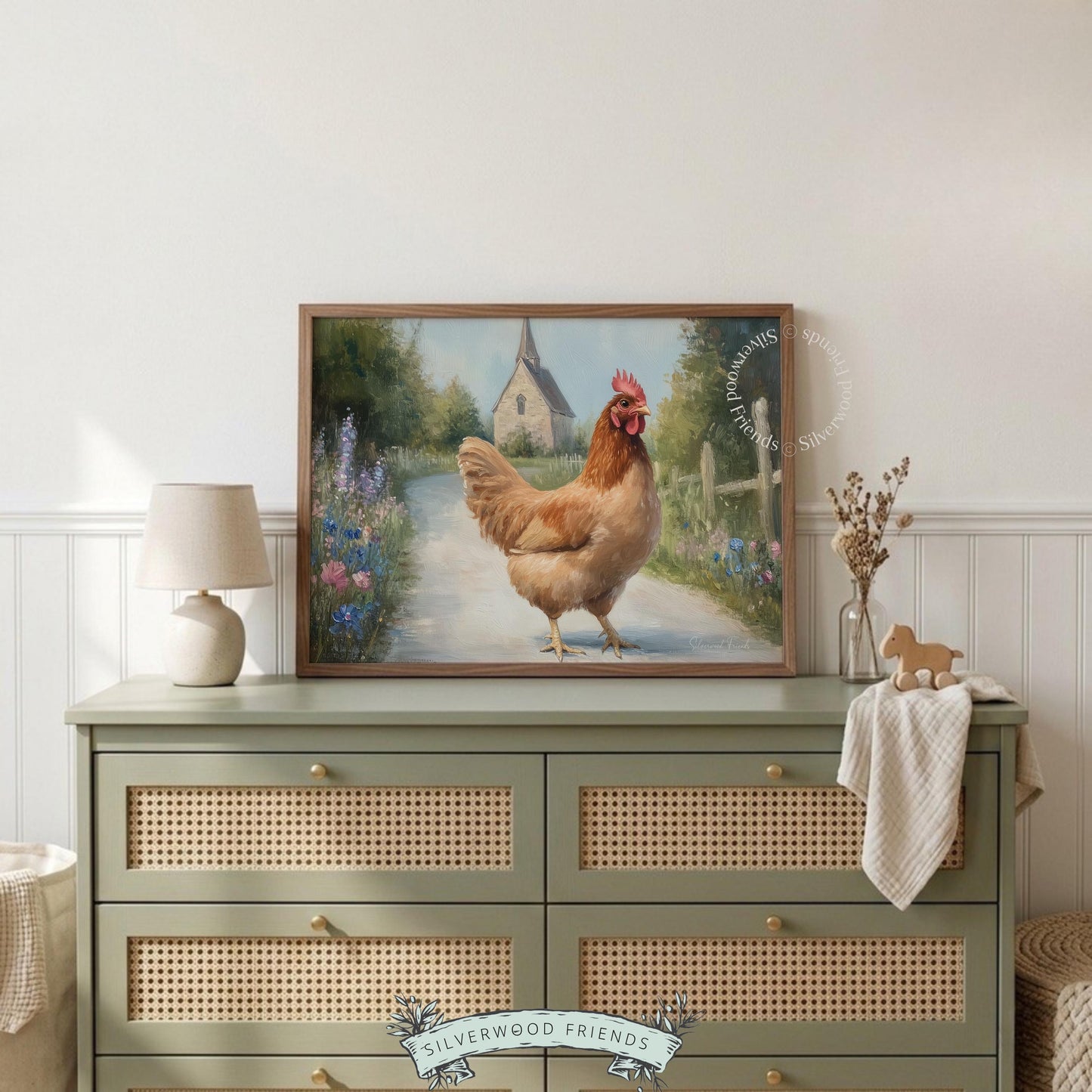 Rustic farmhouse print for nursery decor — heartwarming image of a brown hen amidst vibrant wildflowers and distant trees.