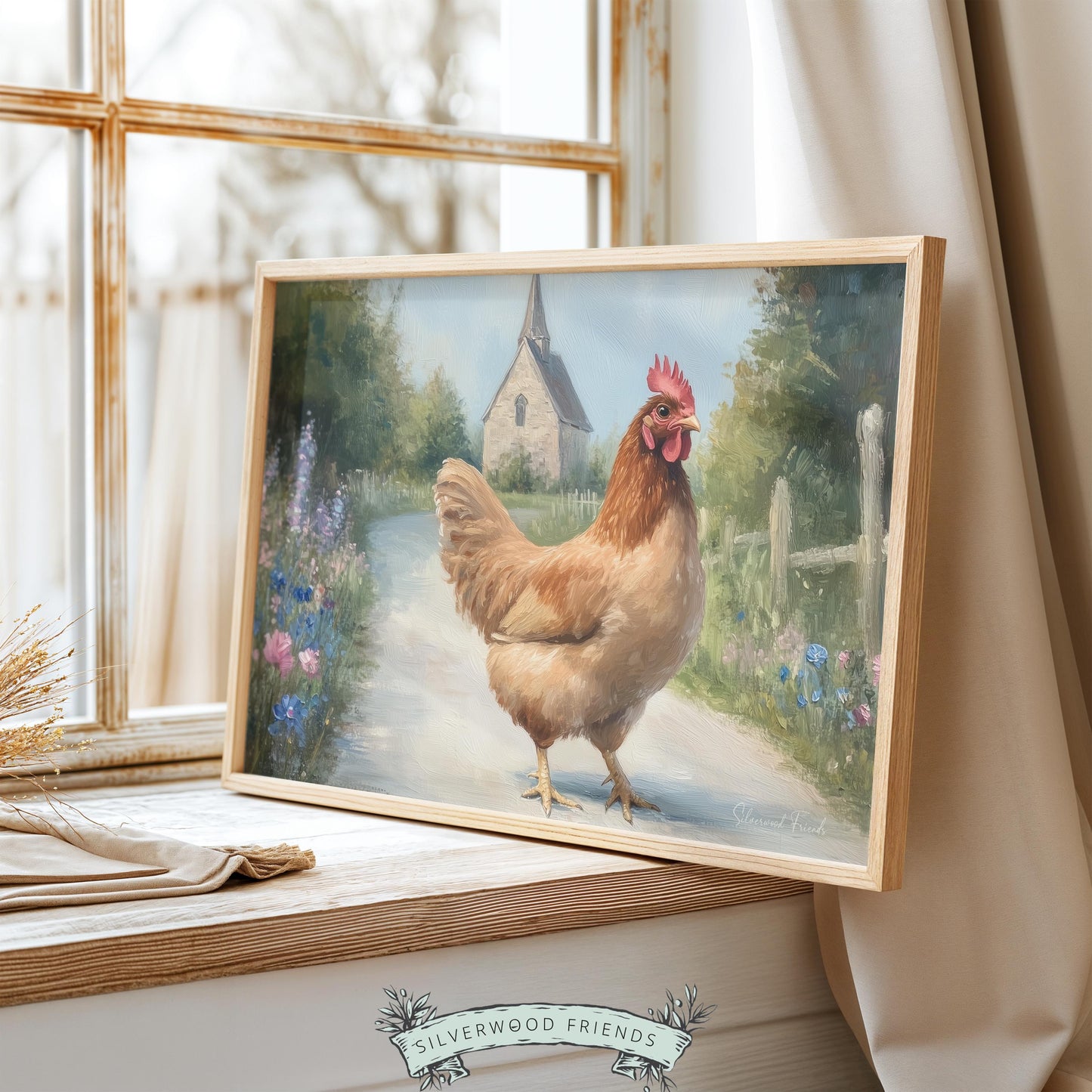 Traditional oil painting picture for living area — charming hen on a lane, evoking nostalgia with a rustic farmhouse mood.