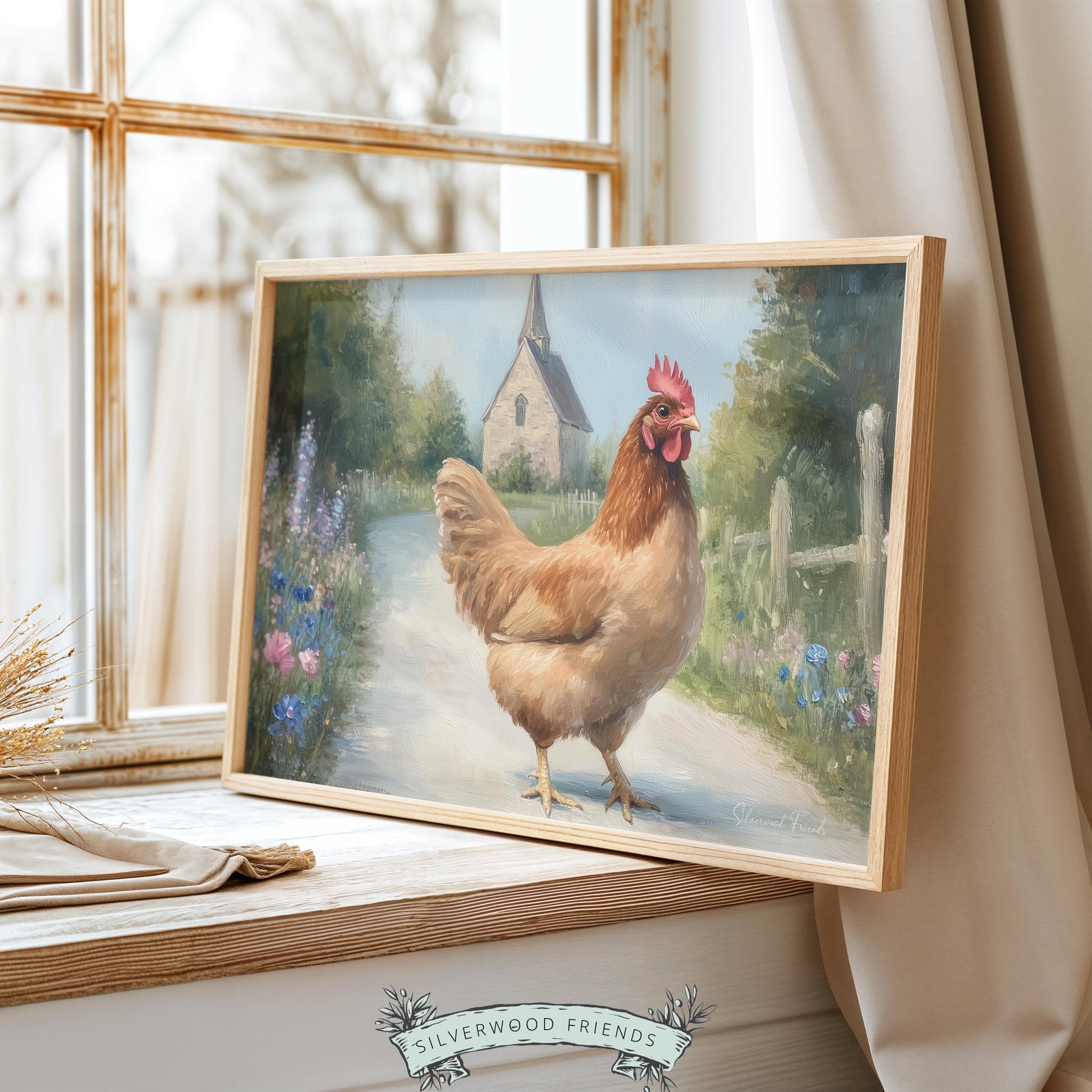Traditional oil painting picture for living area — charming hen on a lane, evoking nostalgia with a rustic farmhouse mood.