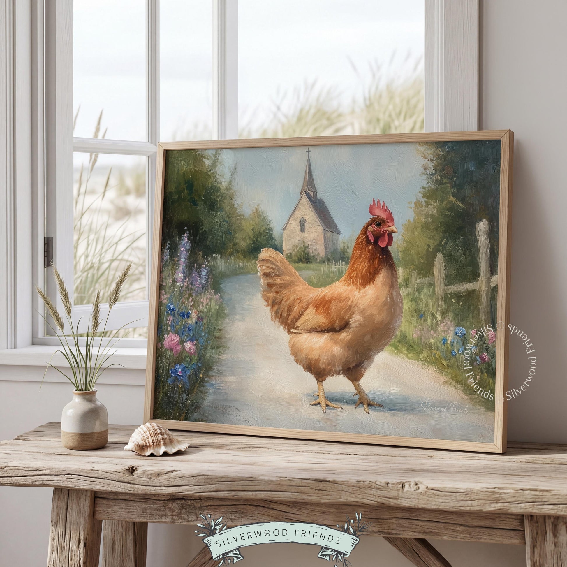 Cozy hen poster for country kitchen — delightful oil painting with soft brushwork, depicting a peaceful lane and old-world charm.