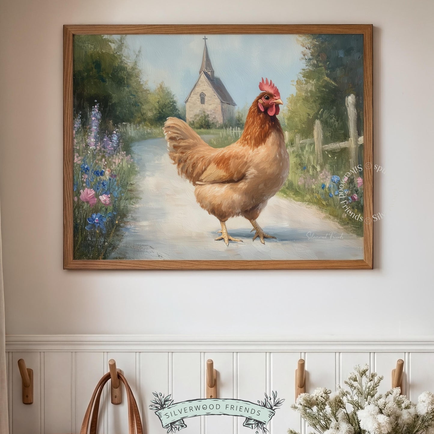 Brown hen digital print for nursery — whimsical countryside vibe with soft colors and a cozy barn feel, perfect for a child's room.