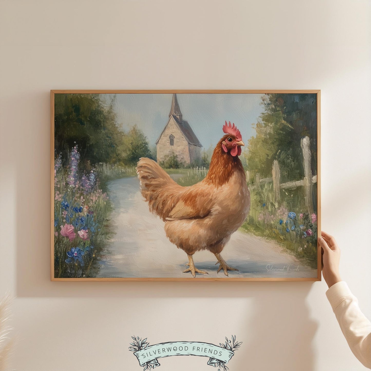 Vintage hen painting digital download for kitchen — warm, rustic scene featuring soft colors and a pastoral mood for homey charm.