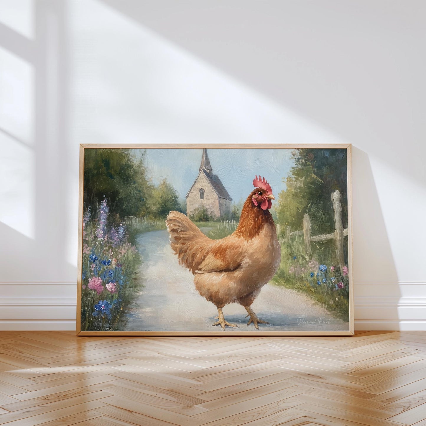 Brown hen oil painting wall art for farmhouse kitchen — cozy country lane scene with rustic charm and gentle wildflowers.